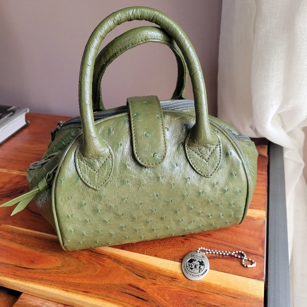 WEL JAPAN Rare OSTRICH Exotic Leather Military Green Handbag Tokyo
